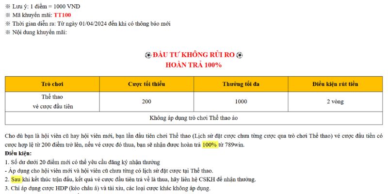 Cược thể thao không rủi ro khi hoàn trả 100% cược thua